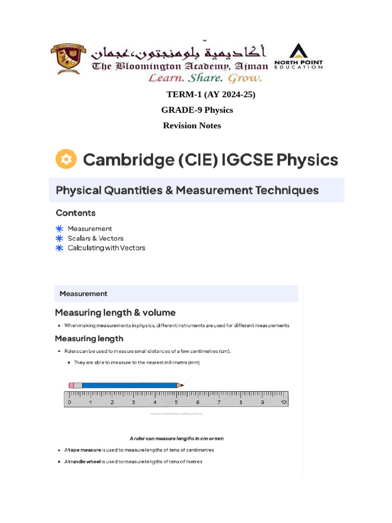 Grade 9 Physics Revision Notes PDF | PDF