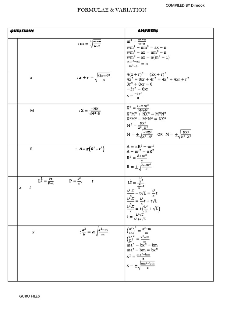 Formula Manipulation and Variation Problems | PDF | Numbers ...