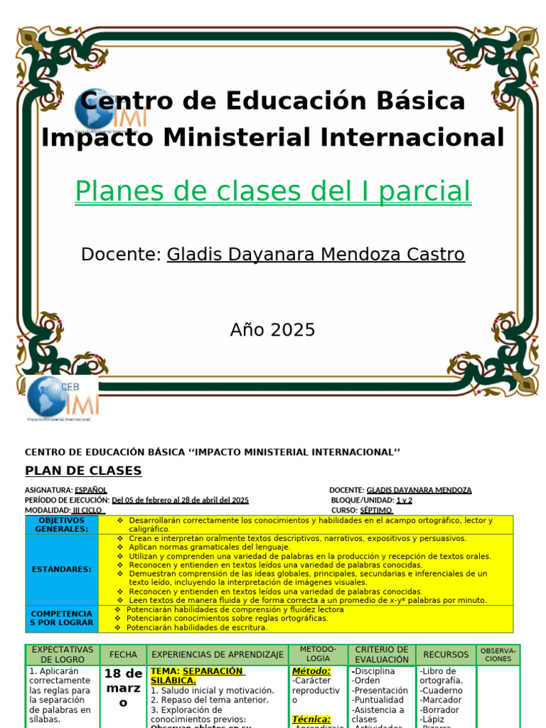Plan de Clases Español 2025 | PDF | Educación primaria | Sílaba