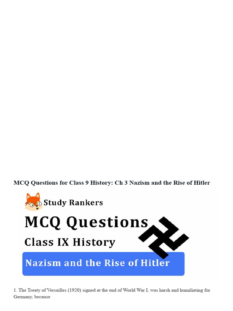 Class 9 MCQs: Nazism and Hitler | PDF | Nazi Germany | Weimar Republic