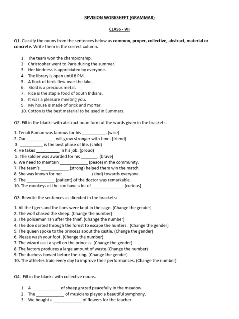 Class 7 Grammar Revision Worksheet | PDF | Adverb | Linguistic Typology