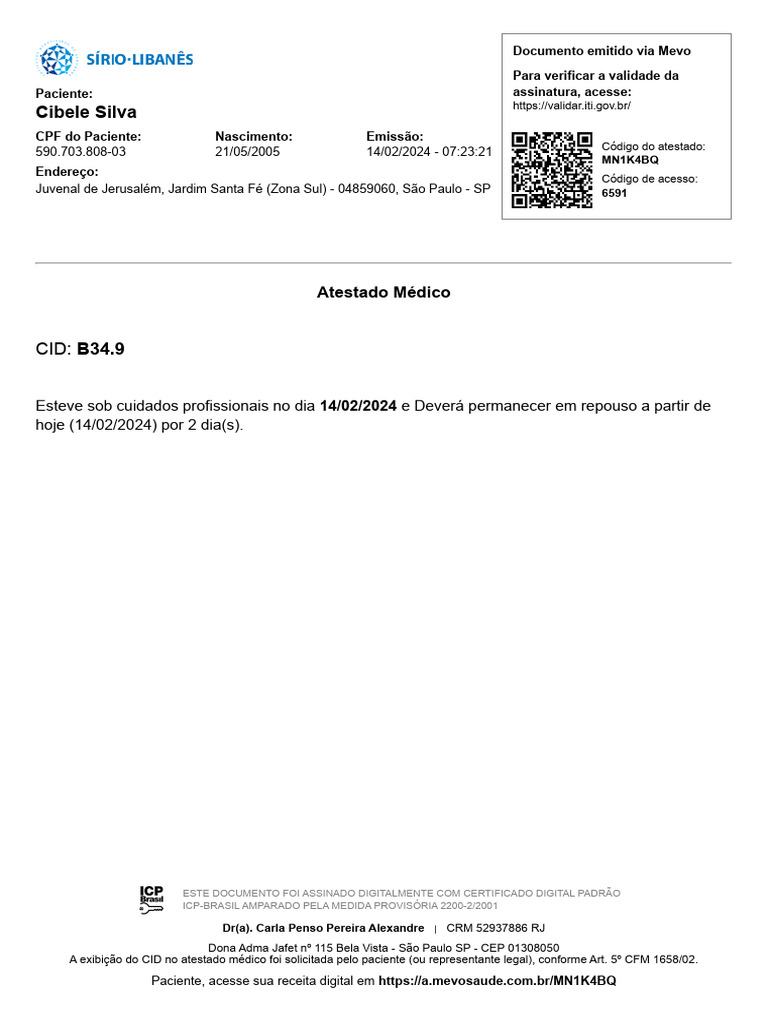 Atestado Médico - CID B34.9 | PDF