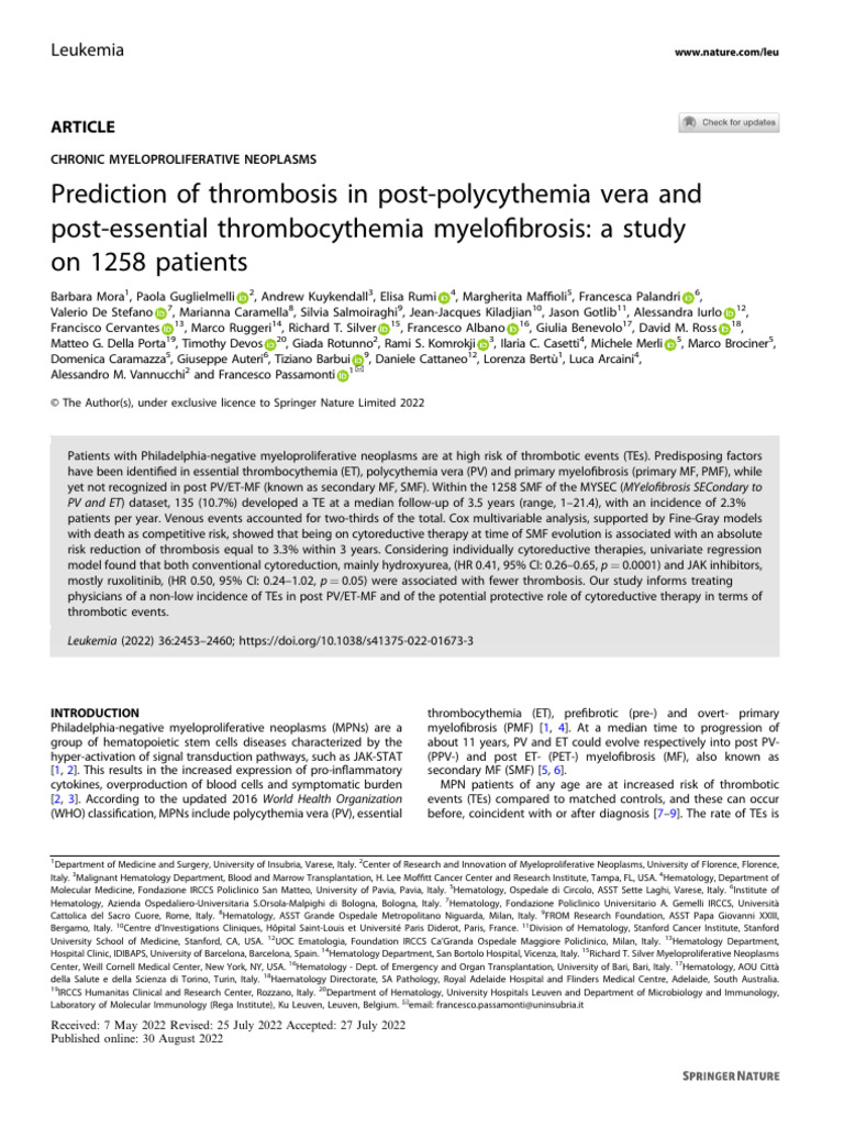 Thrombosis Risk in Myelofibrosis Patients | PDF | Vertebrates ...