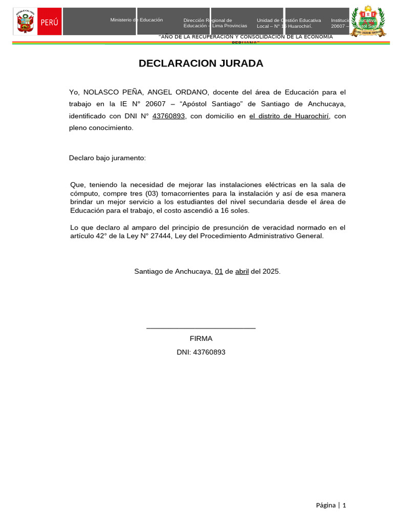 Declaración Jurada Docente 2025 | PDF