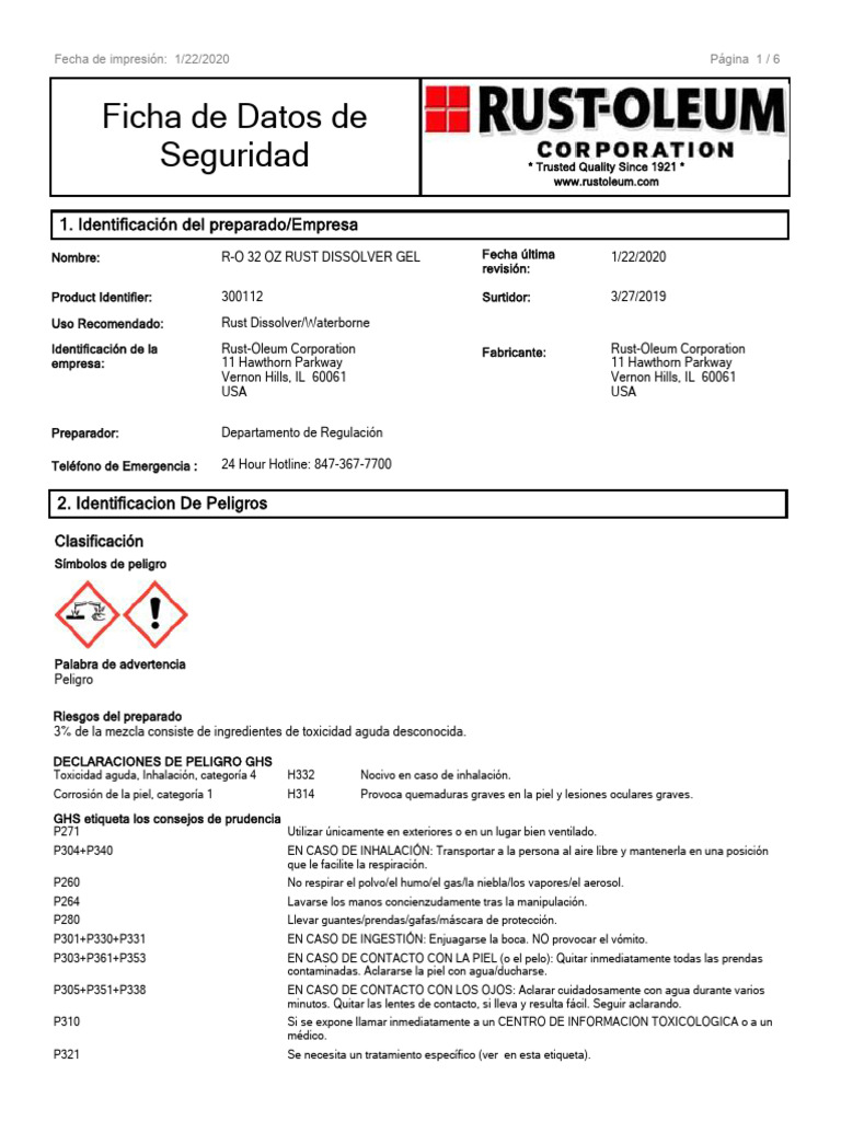 Ficha de Seguridad: R-O 32 OZ Rust Dissolver | PDF | Ventilación ...