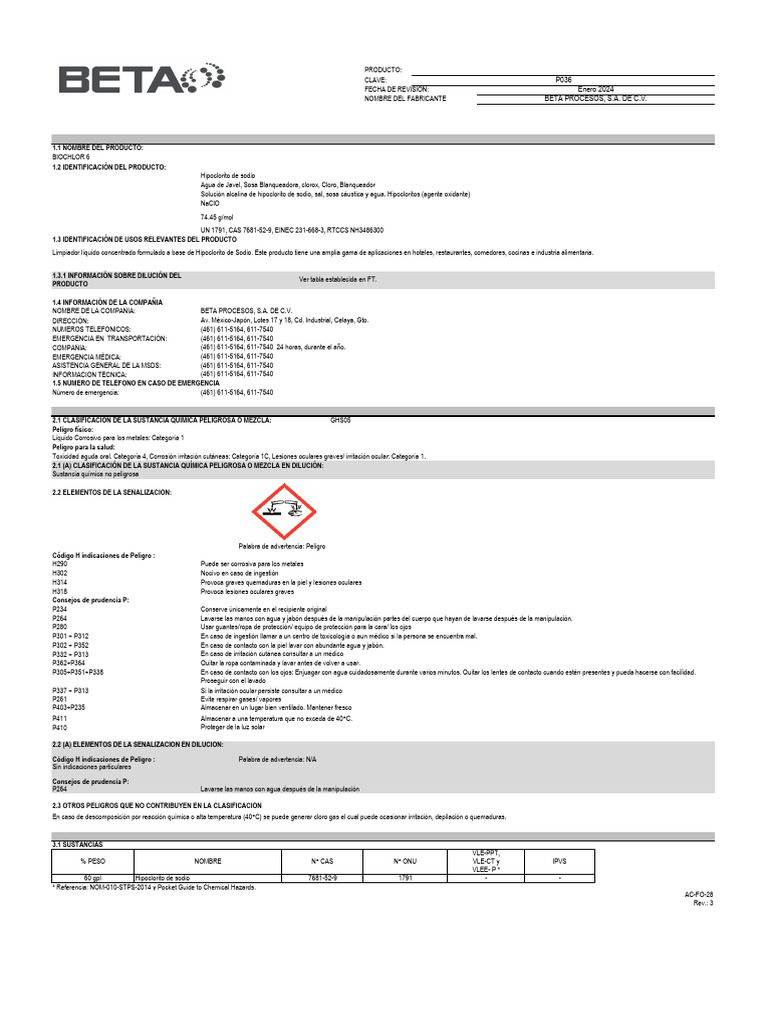 Hoja de Seguridad Biochlor 6 | PDF | Agua | Cloro