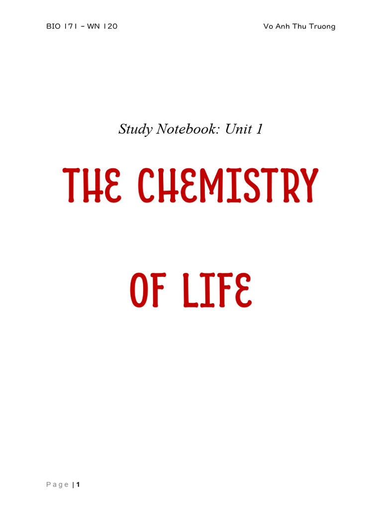 BIO 171 - Study Notebook - Unit 1 - Anh Thu | PDF | Chemical Bond | Atoms