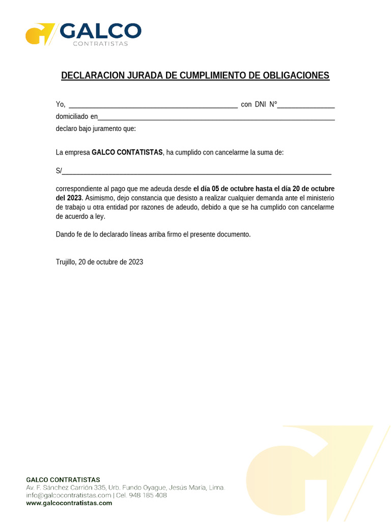 Declaración Jurada de Pago Adeudado | PDF