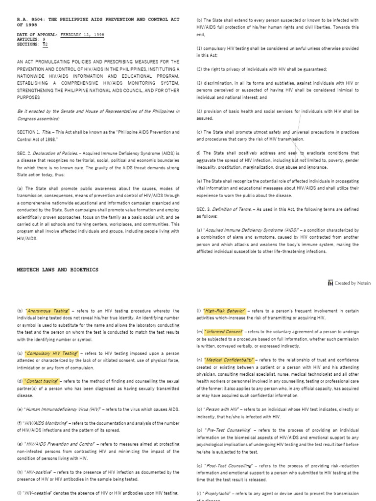 Philippine AIDS Prevention Act Overview | PDF | Hiv/Aids | Subpoena ...