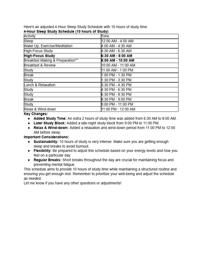 10-Hour Study Schedule with Breaks | PDF