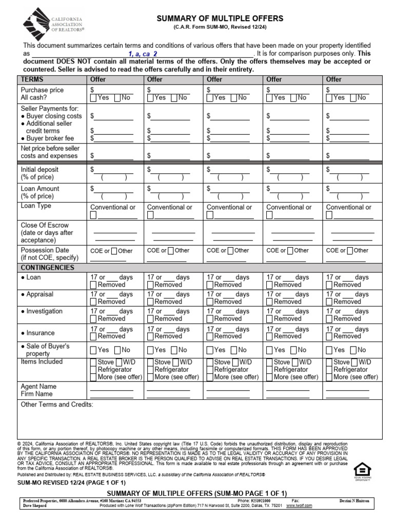 Summary of Multiple Offers 1 12 24 | PDF | Prices | Business