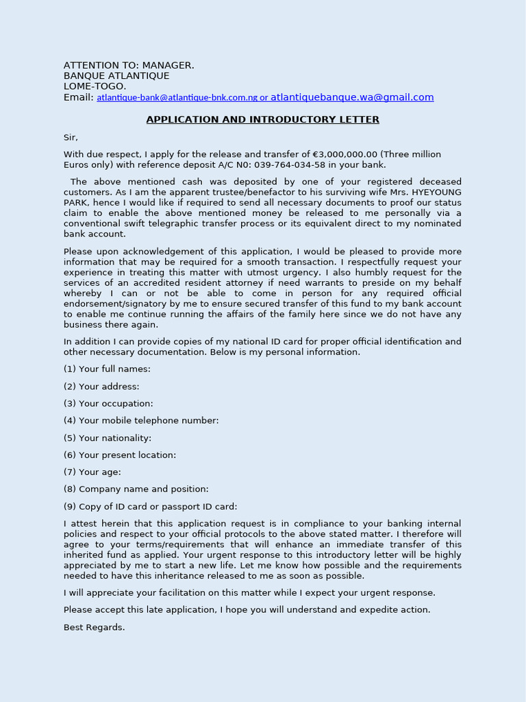 Inheritance Fund Transfer Request Letter | PDF | Identity Document | Banks