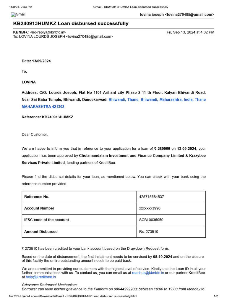 KB240913HUMKZ Loan Disbursed Successfully | PDF | Loans | Gmail