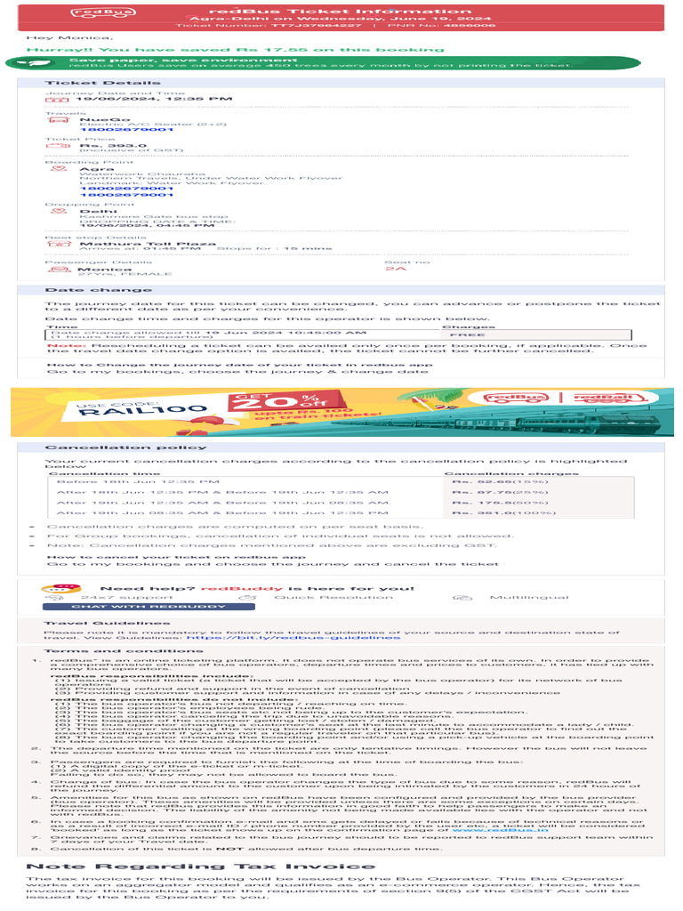 Note Regarding Tax Invoice: Redbus Ticket Information | PDF