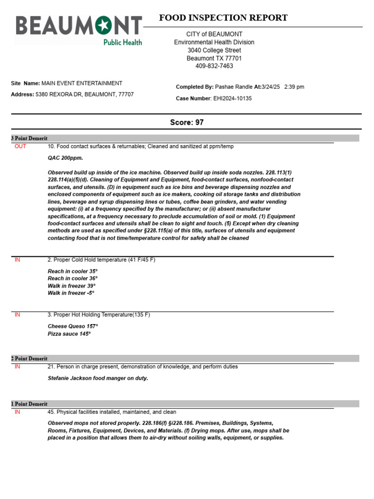 Main Event Beaumont Food Inspection 97 | PDF
