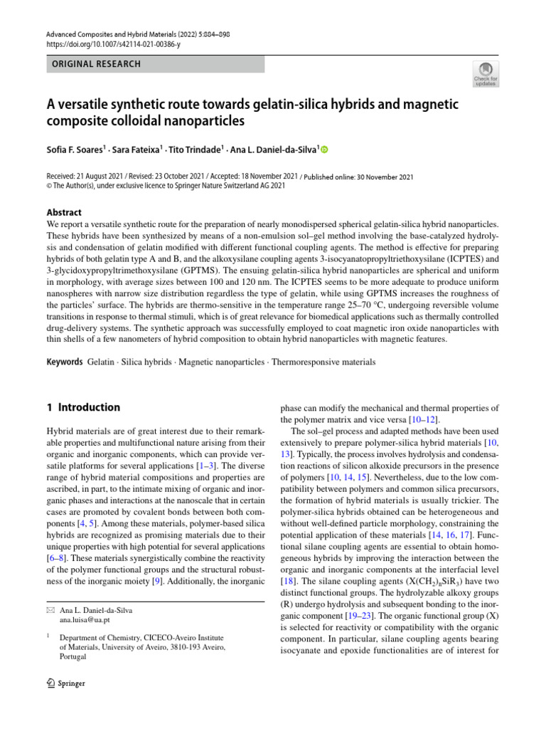 A Versatile Synthetic Route Towards Gelatin Silica Hybrids and Magnetic ...