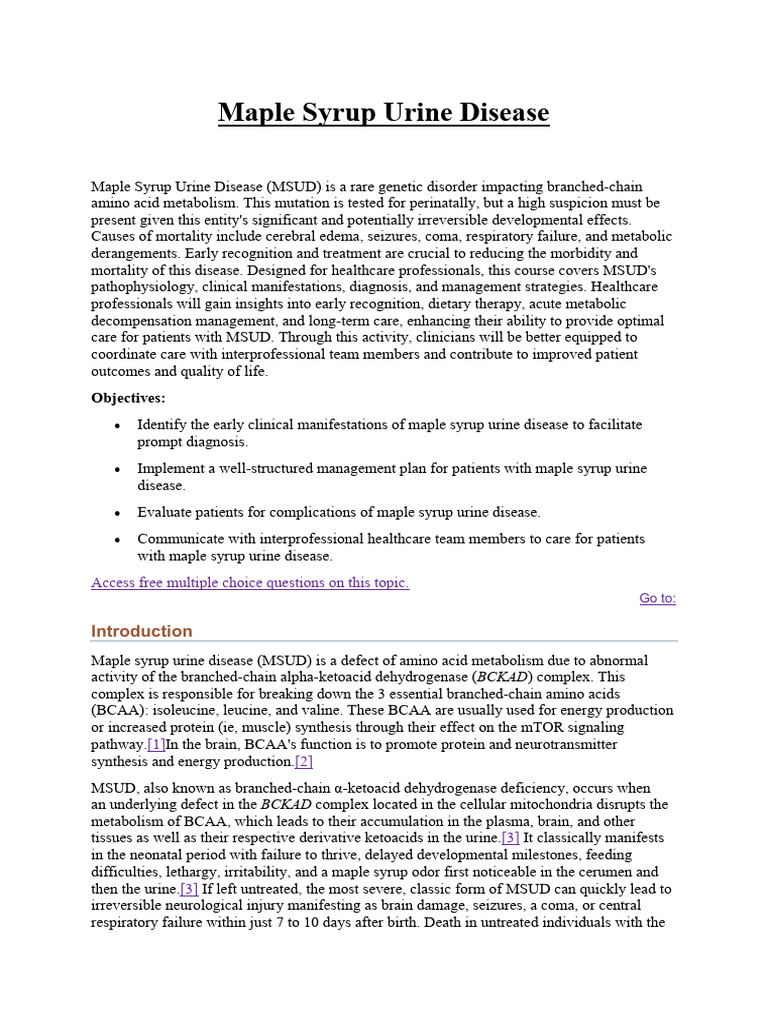 Maple Syrup Urine Disease | PDF | Biochemistry | Chemistry