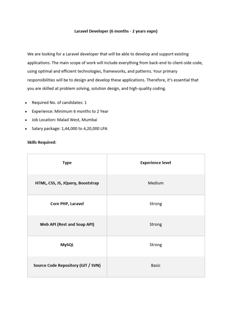 Laravel Developer 6 Months To 2 Years Expn | PDF | Software Engineering ...