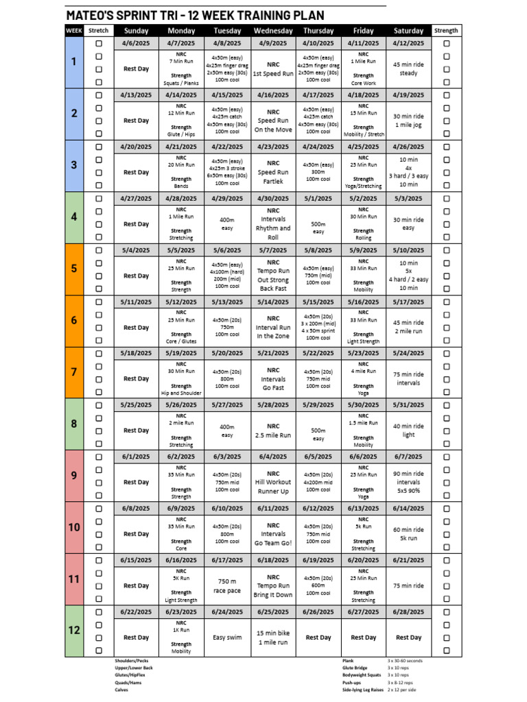 12-Week Sprint Triathlon Training Plan | PDF | Athletic Sports ...