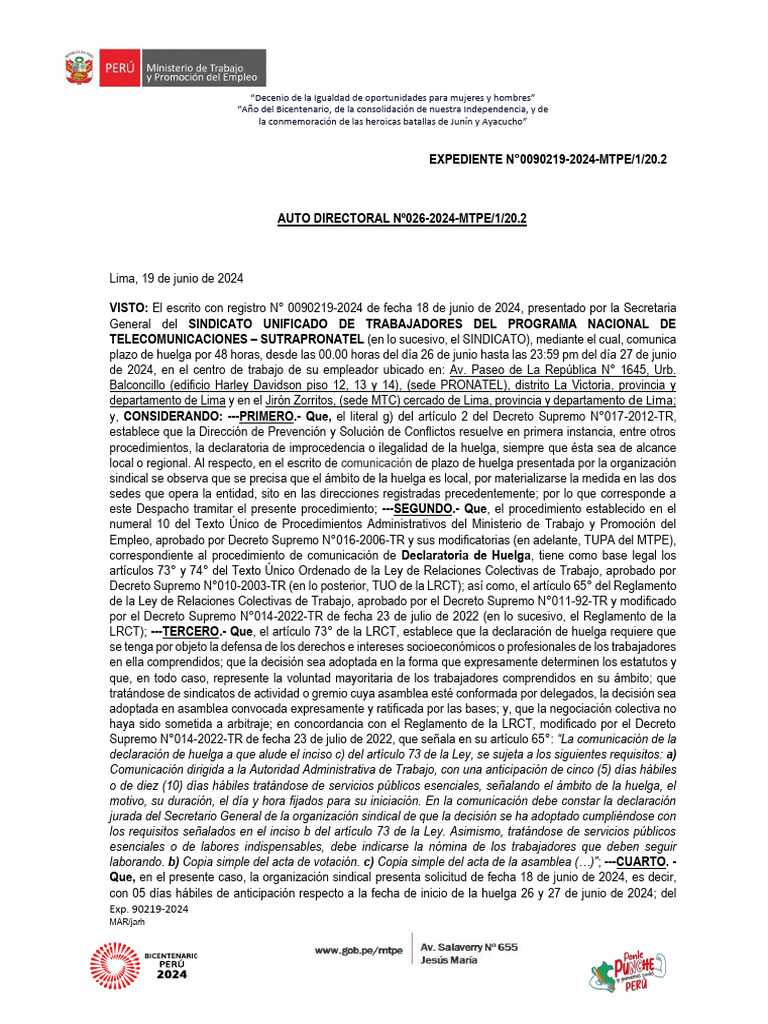 A.D. 026-2024 Exp.90219-2024 Improcedente Comunica | PDF | Sindicato ...