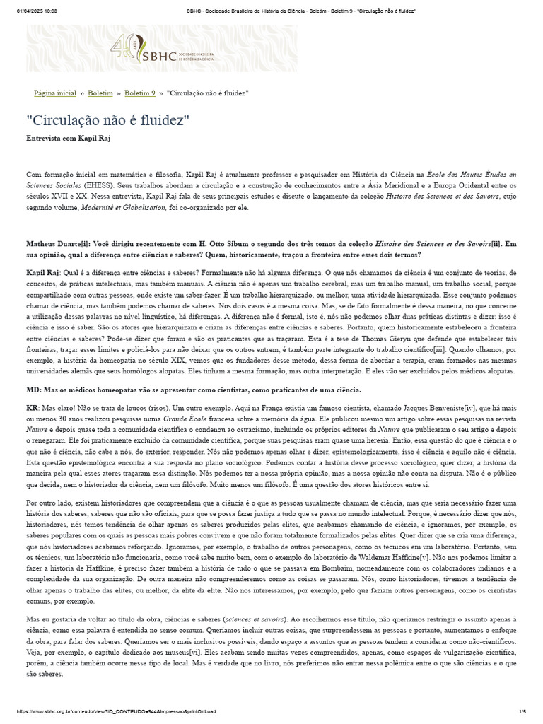 Entrevista com Kapil Raj sobre Ciências e Saberes | PDF | Science ...