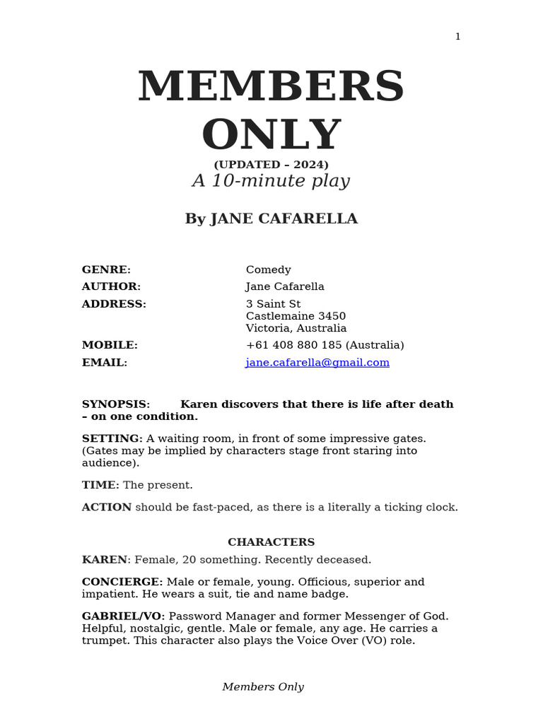 Members Only A 10 Minute Play by Jane Cafarella Updated | PDF
