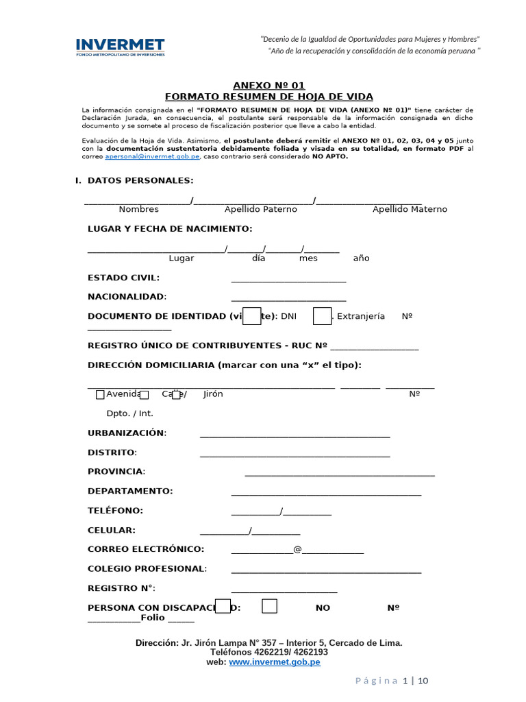 Formato de Hoja de Vida INVERMET | PDF | Perú