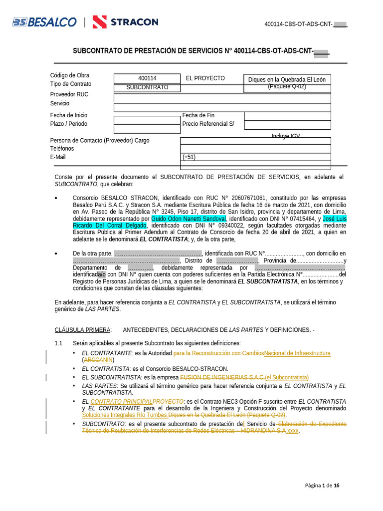 Anexo 1 Modelo de Subcontrato Prestación de Servicios | PDF | Póliza de ...