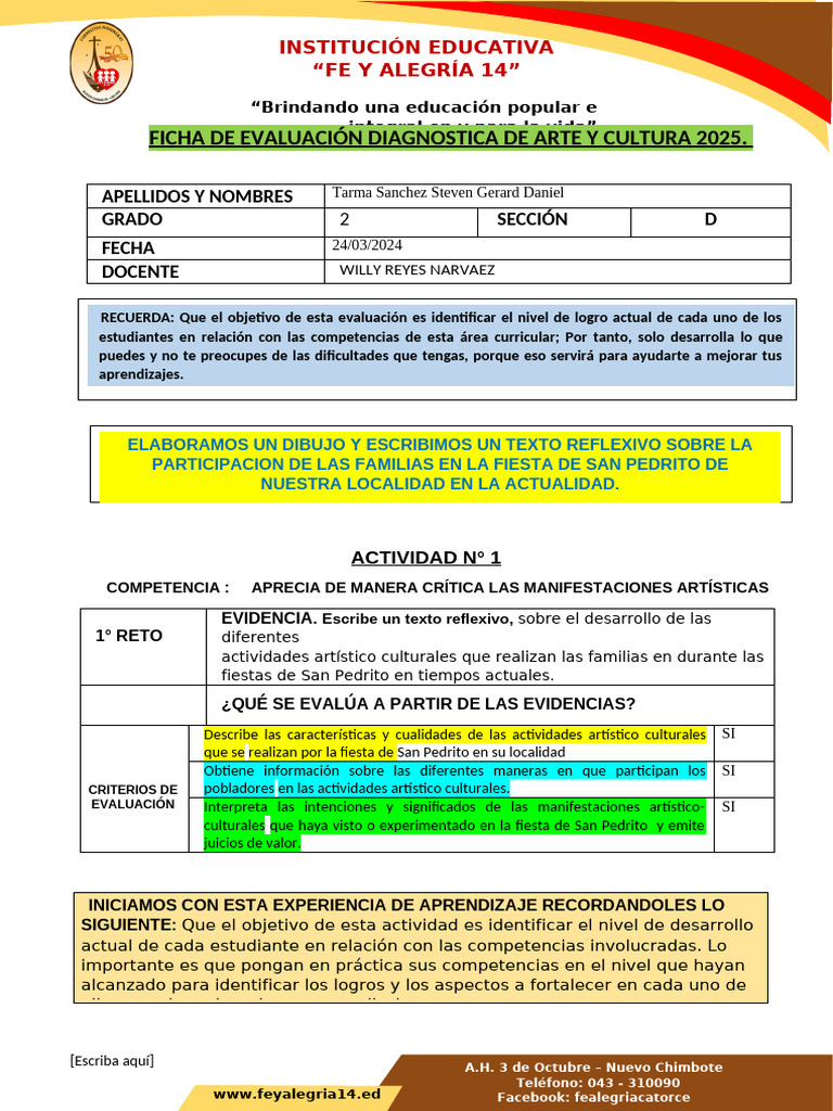 Evaluación Diagnóstica Arte y Cultura 2025 | PDF | Evaluación | Bailes