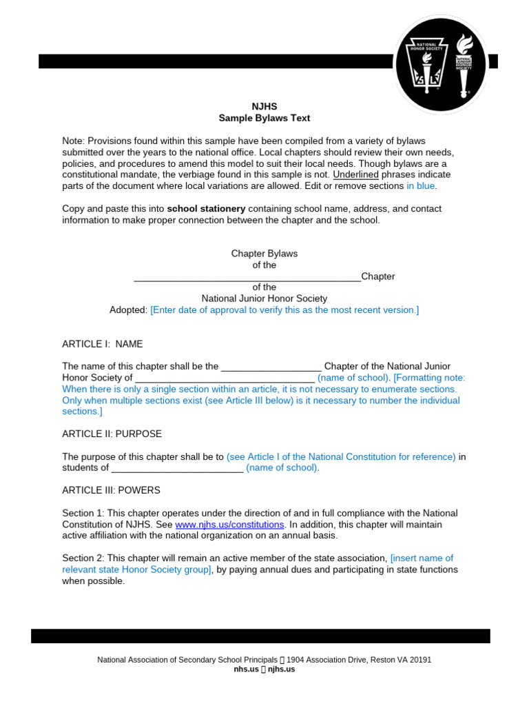 NJHS Chapter Bylaws Template | PDF | Government | Governance