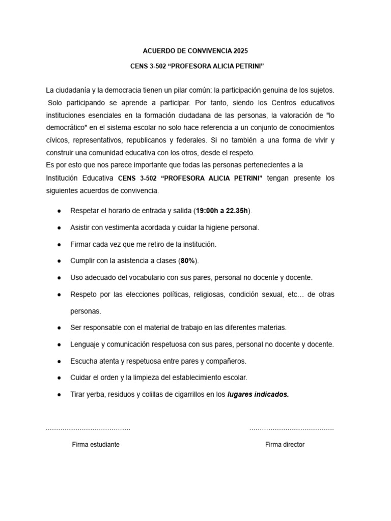 Acuerdo Escolar de Convivencia 2025 | PDF