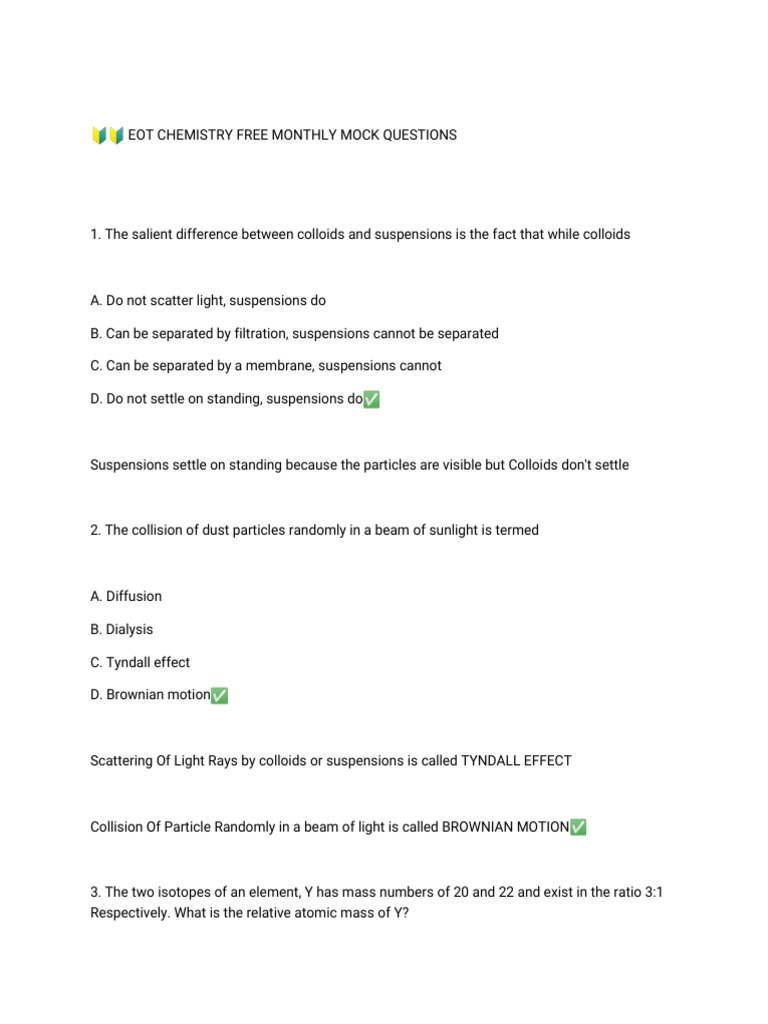 Monthly Mock Questions on EOT Chemistry | PDF | Intermolecular Force | Chemical Bond