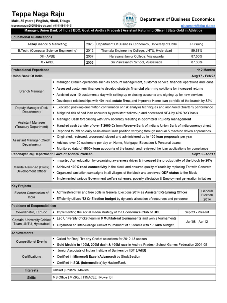 Professional Profile of Teppa Naga Raju | PDF | Reserve Bank Of India ...