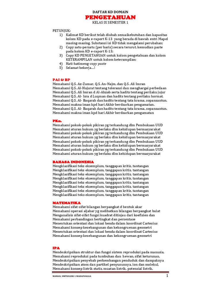KD Pengetahuan dan Keterampilan Kelas IX | PDF
