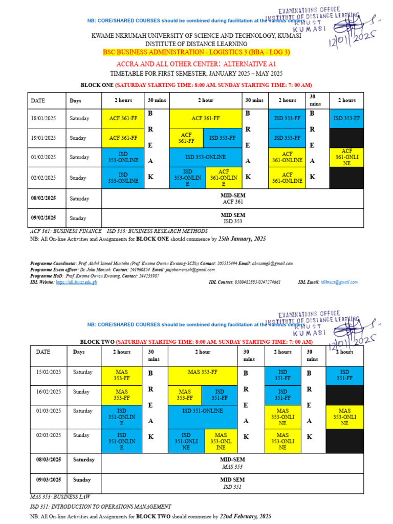 KNUST BBA Logistics Timetable 2025 | PDF | Business