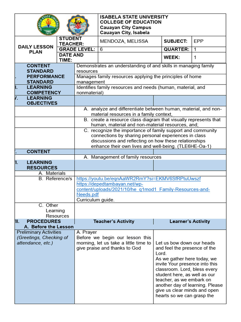 Grade 6 EPP Family Resource Management | PDF | Learning