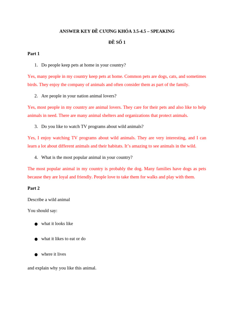 (Đề cương 3.5-4.5) Answer Key Speaking | PDF | Elephant | Pizza
