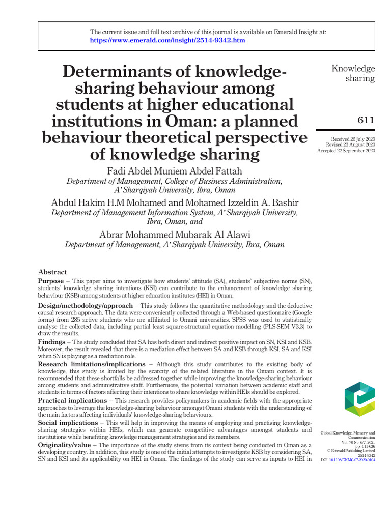 Knowledge Sharing Behavior in Omani HEIs | PDF | Attitude (Psychology ...
