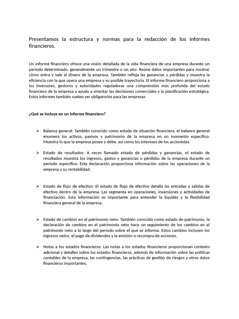 Estructura de Informes Financieros | PDF | Contabilidad | Estado financiero