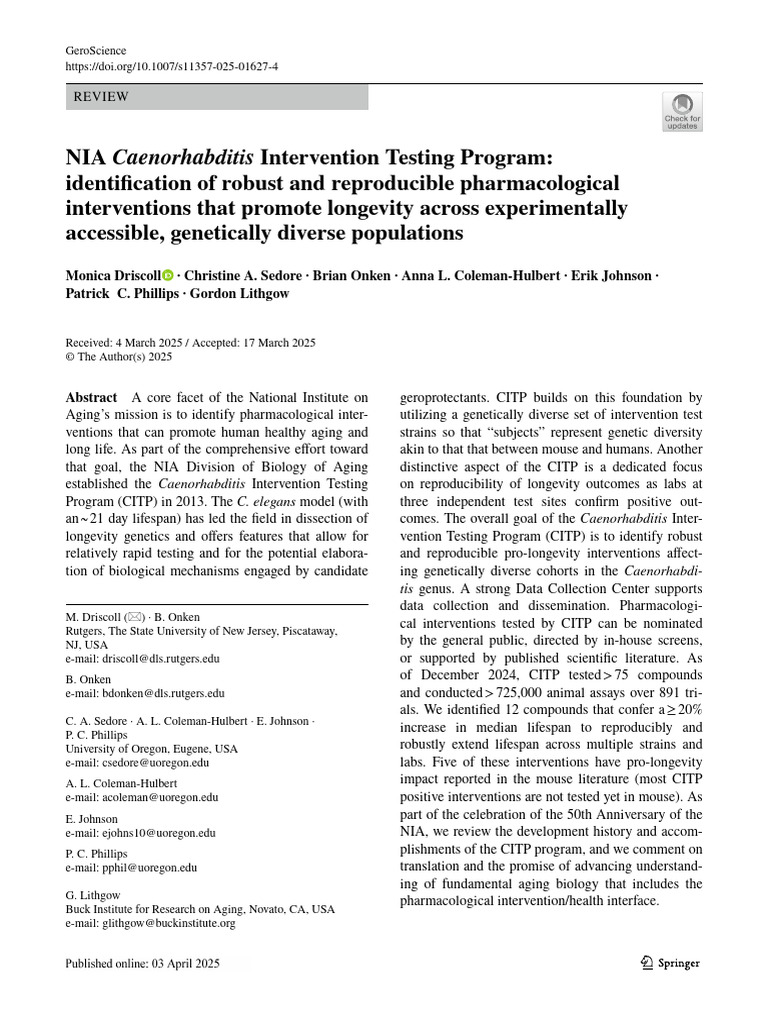 NIA Caenorhabditis Intervention Testing Program Id | PDF | Ageing ...