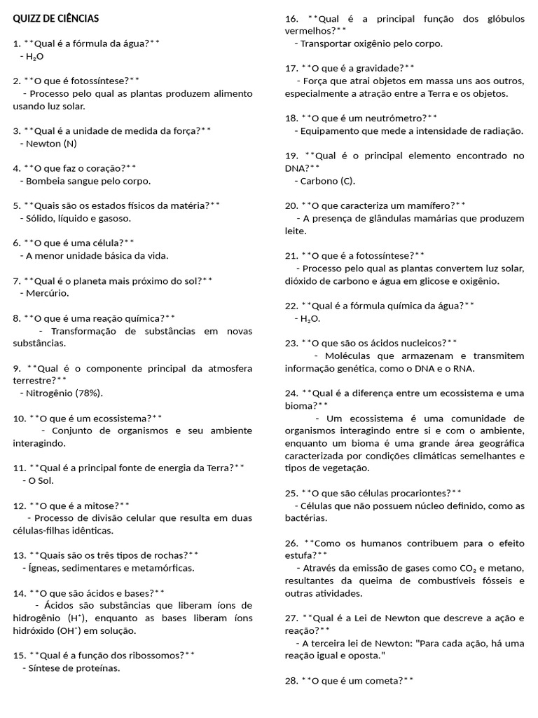 Quiz de Ciências: Perguntas e Respostas | PDF | Respiração celular ...