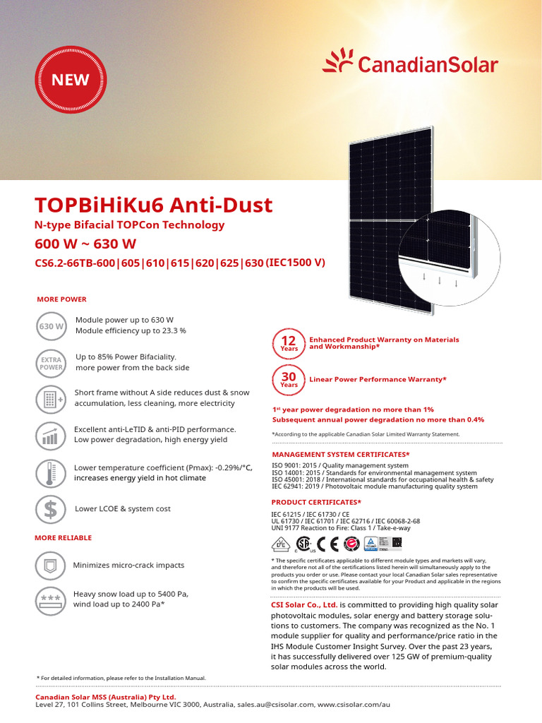 Canadian Solar CS6.2-66TB 615W Datasheet | PDF | Solar Panel ...