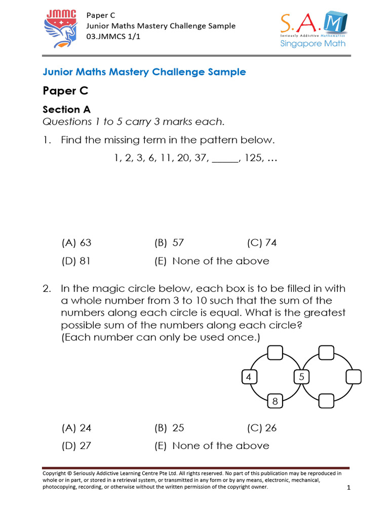 JMMC Sample Paper for Class 3 | PDF