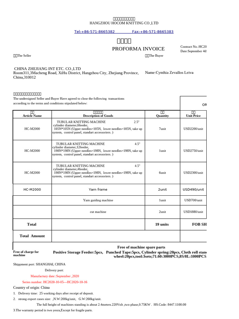 Proforma Invoice for Knitting Machines | PDF