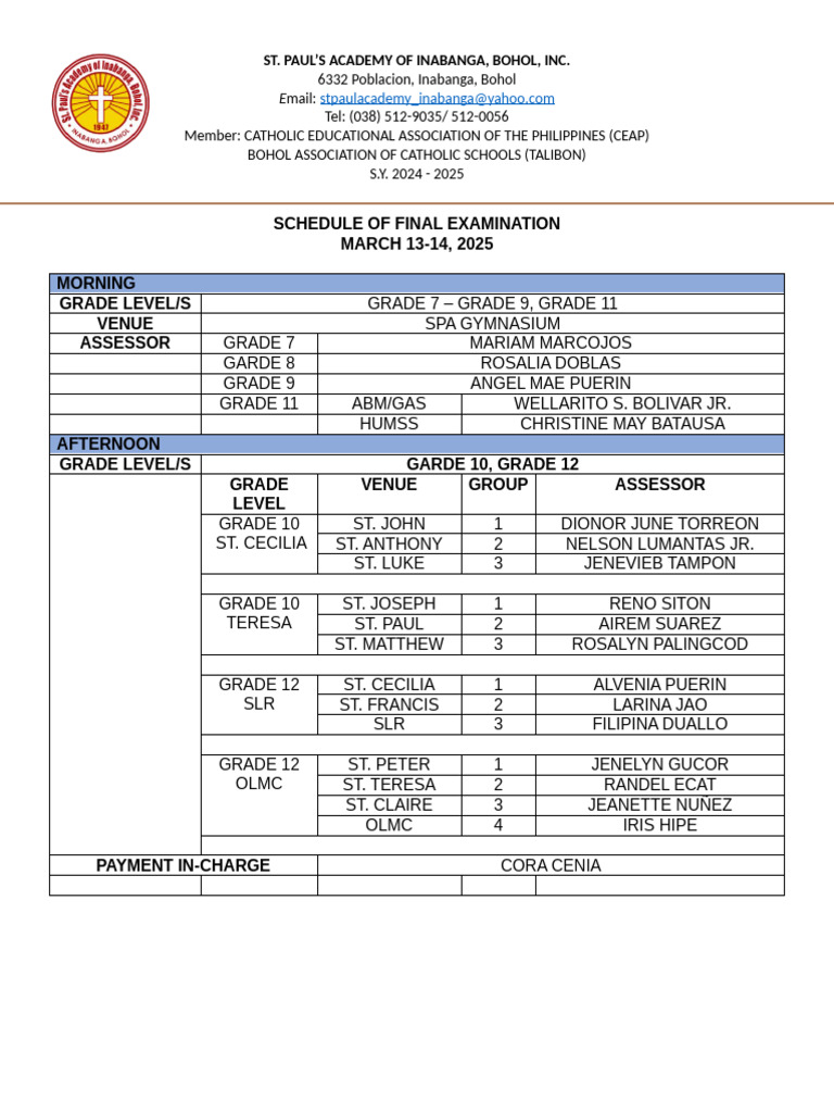 Final Exam Schedule for SY 2024-2025 | PDF
