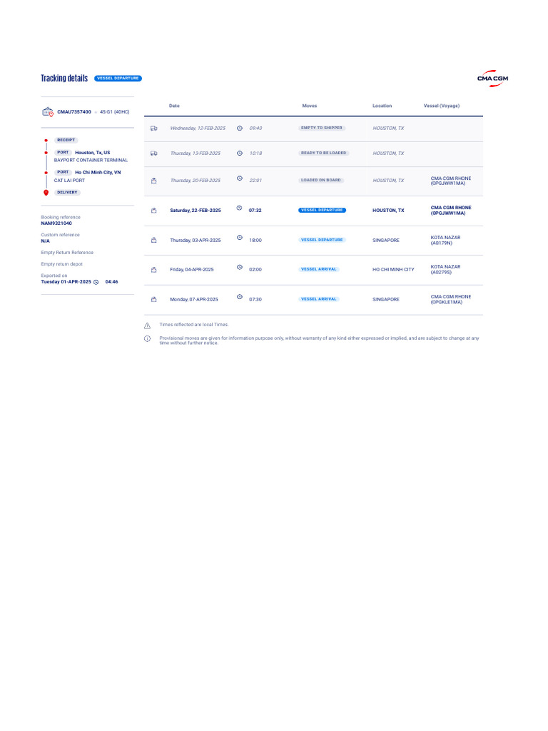CMA CGM Rhone Vessel Tracking Details | PDF | Shipping