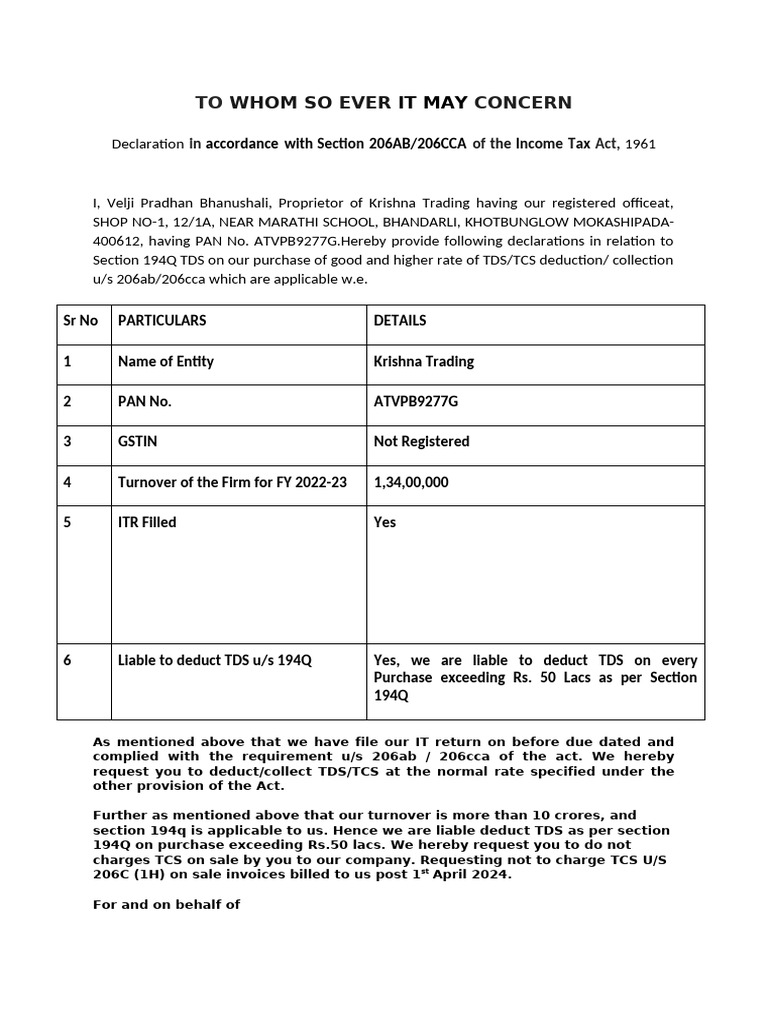 TDS Declaration Under Section 194Q | PDF
