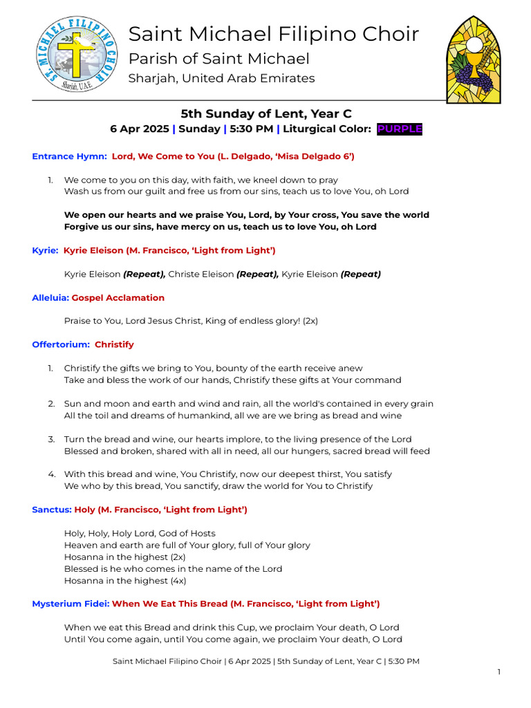 Saint Michael Choir 5th Lent Mass Program Pdf Christian Worship