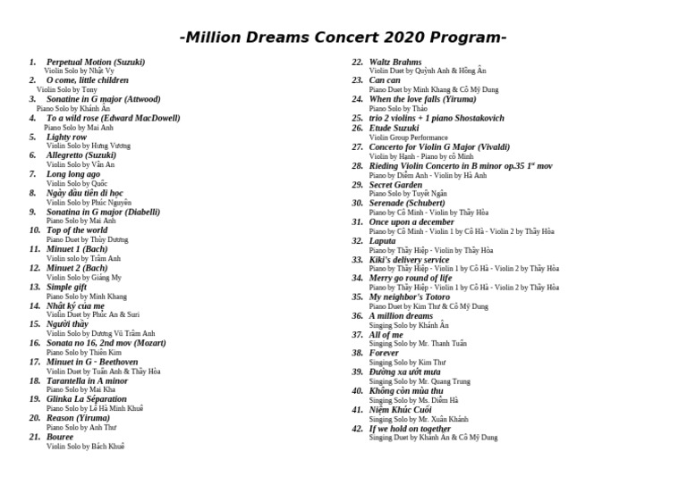 Million Dreams Concert 2020 Program | PDF | Musical Compositions