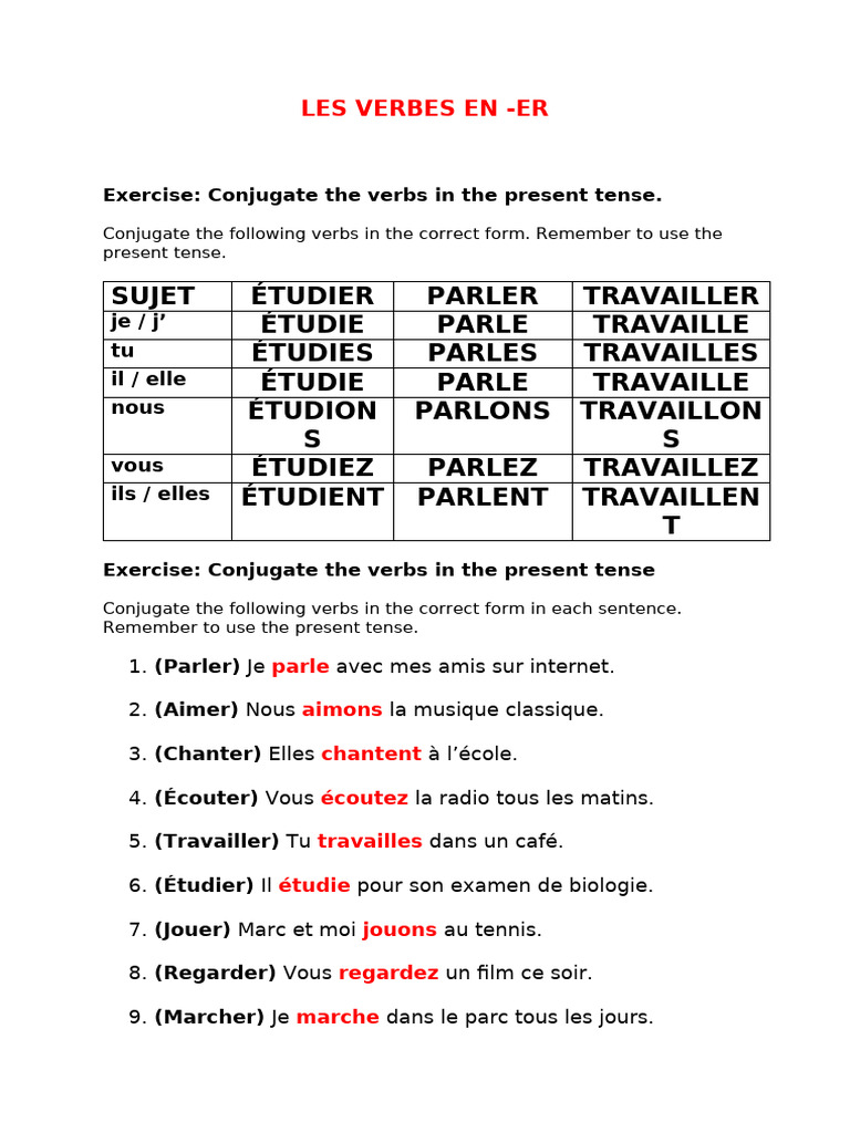 Conjugaison des verbes en -ER au présent | PDF